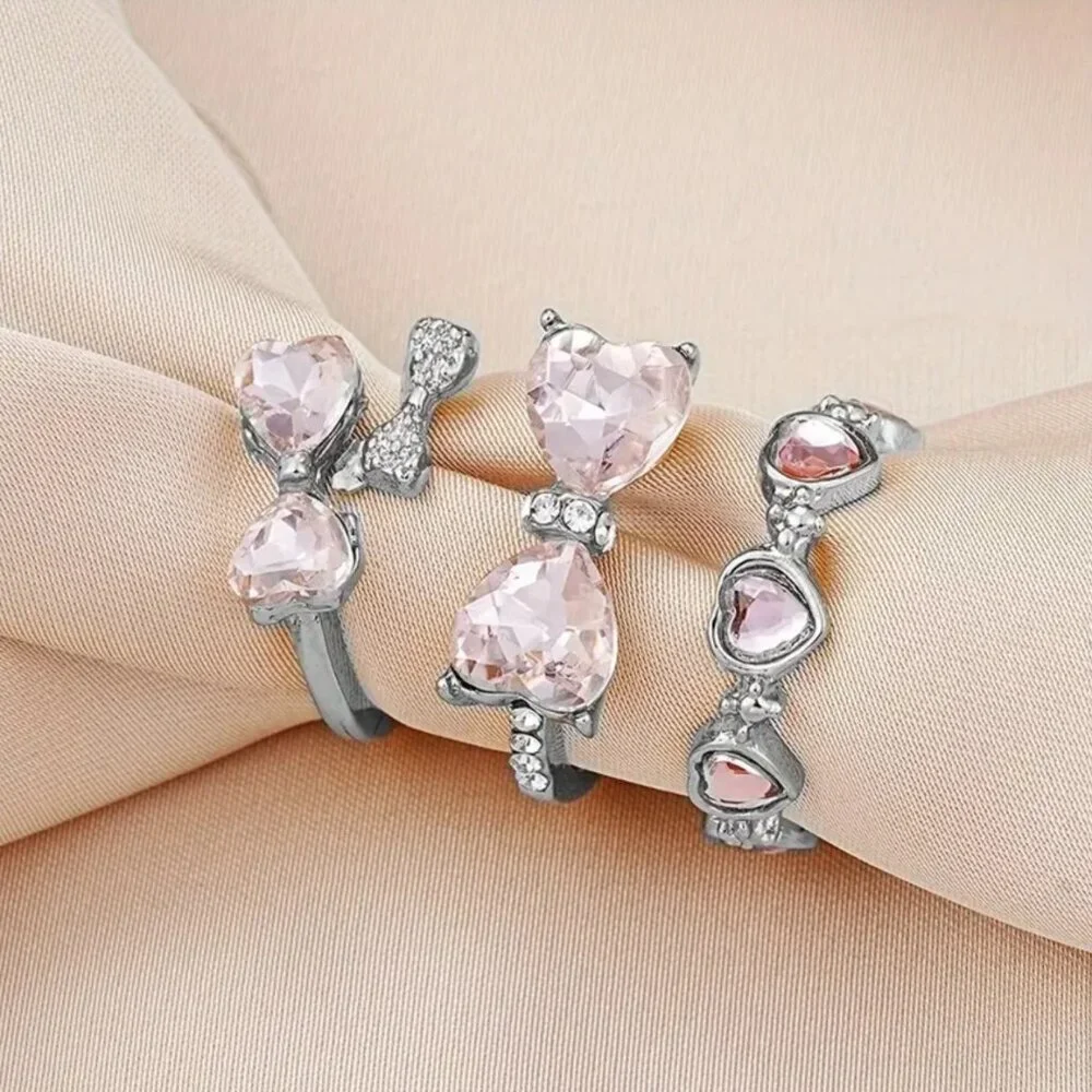 NEW 3 pink and silver coquette bow rings, BOHO chic rings, pink bow ring, adjust - Picture 2 of 4